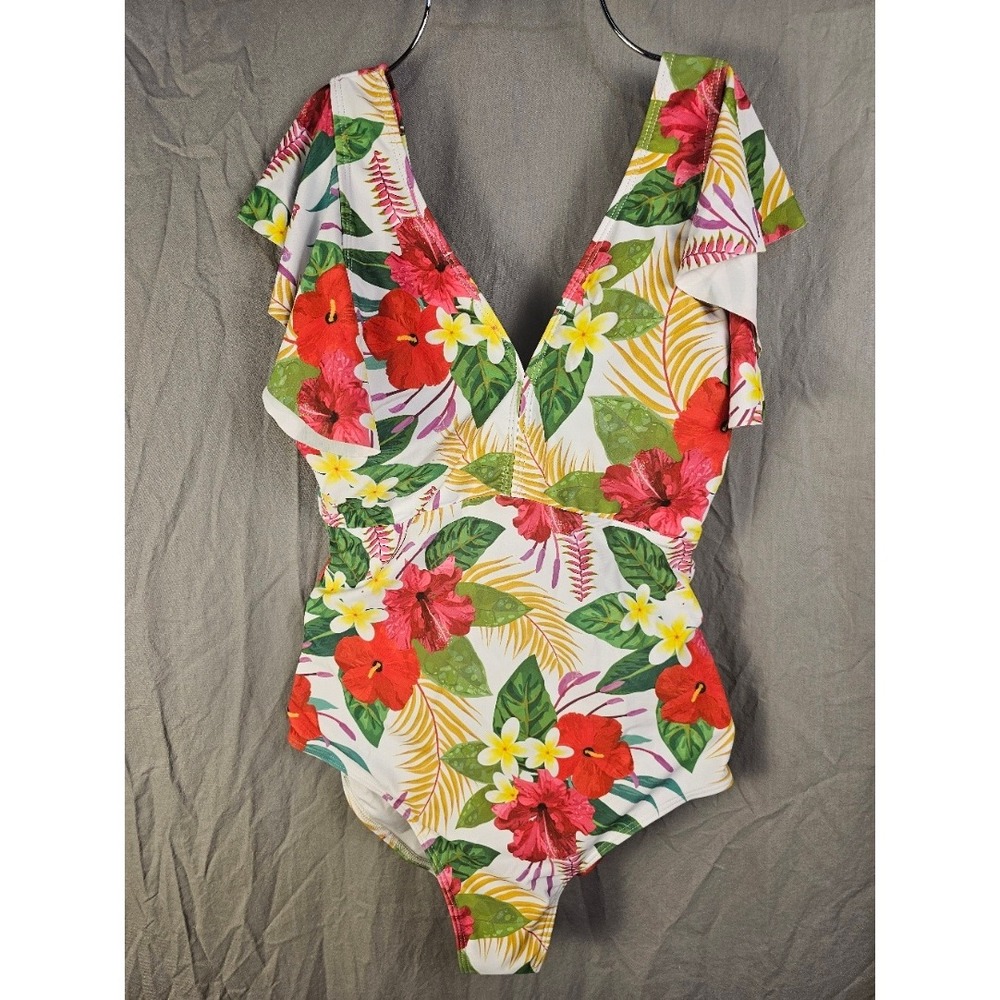 Binlowis Women Floral Ruffle One Piece Swimsuit Hibiscus Tropical V-Neck Medium